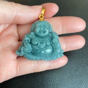 14K Solid Gold Natural Jade 100% Grade A Happy Laughing Carved Buddha Pendant